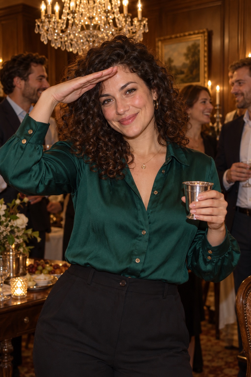 Original concept of an adult woman in an emerald blouse hosting a warm chandelier-lit party